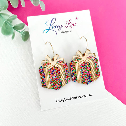 Statement Wrapped Gift Christmas Dangle Earrings - Confetti/Gold