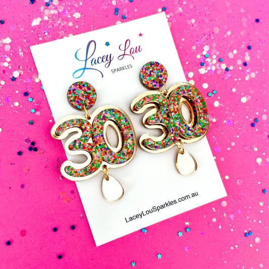 30th Birthday Statement Acrylic Earrings - Gold Teardrop