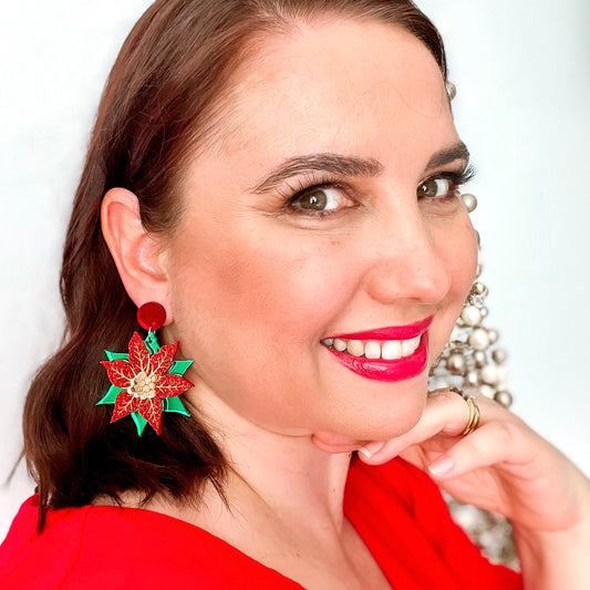 Statement Poinsettia Christmas Dangle Earrings - Rose/Gold