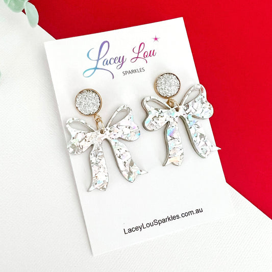 Elegant Silver Bow Christmas Hoop Earrings