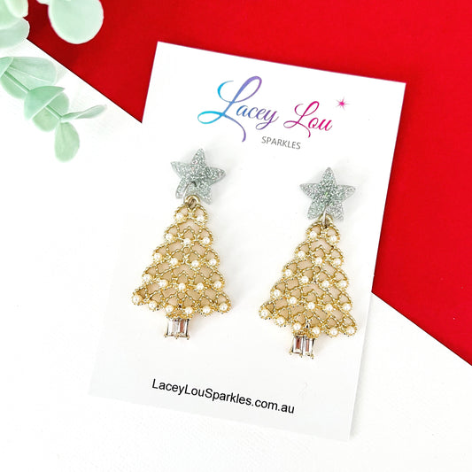 Gold Pearl Metal Christmas Dangle Earrings