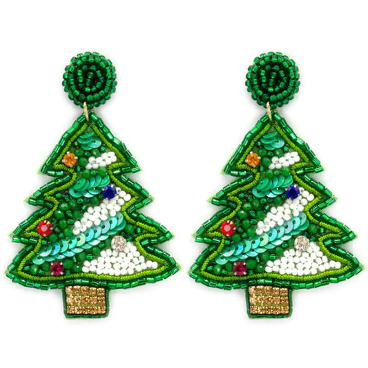 Beaded Green & White Christmas Tree Earrings