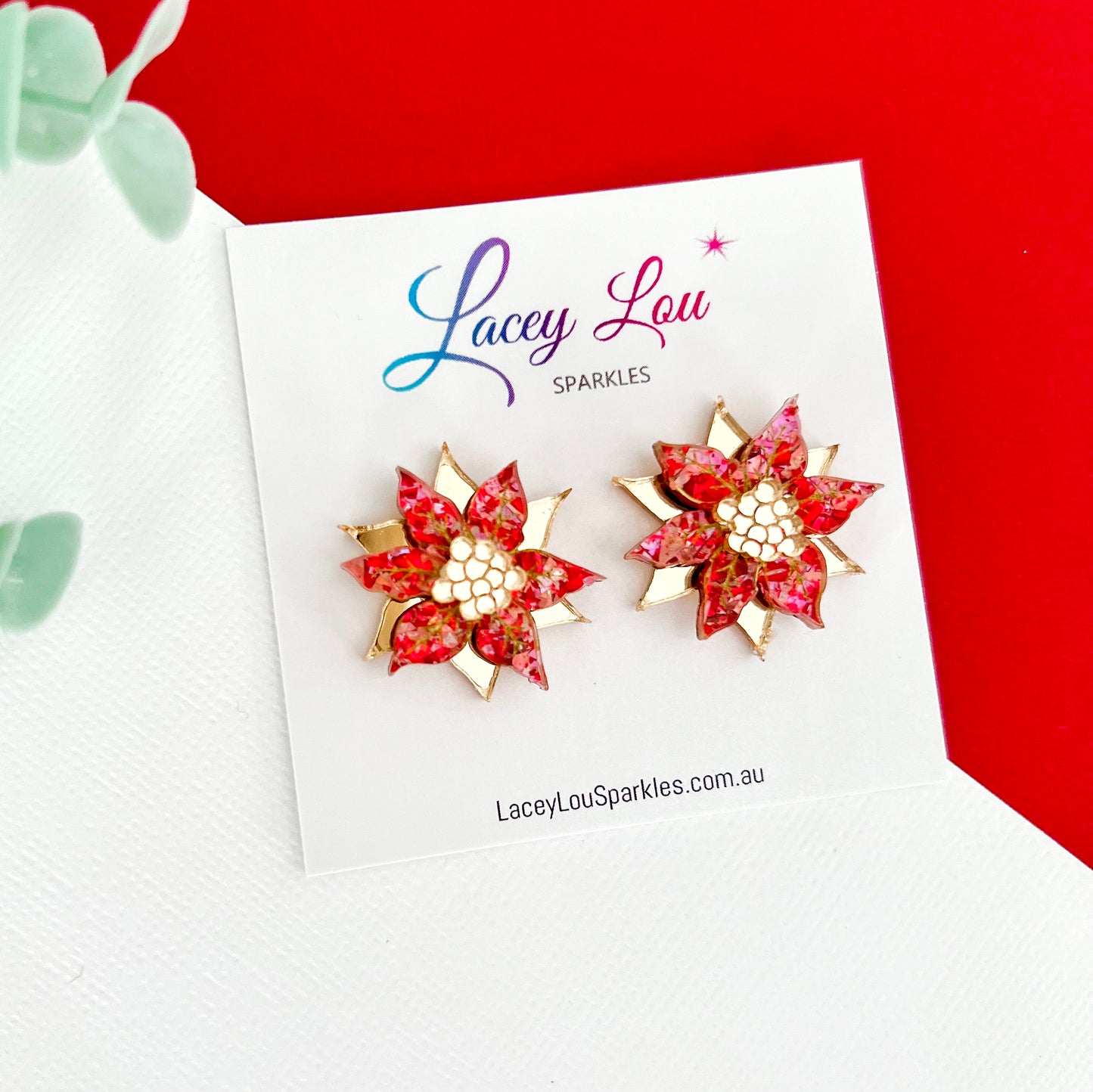 Small Poinsettia Christmas Stud Earrings - Rose/Gold