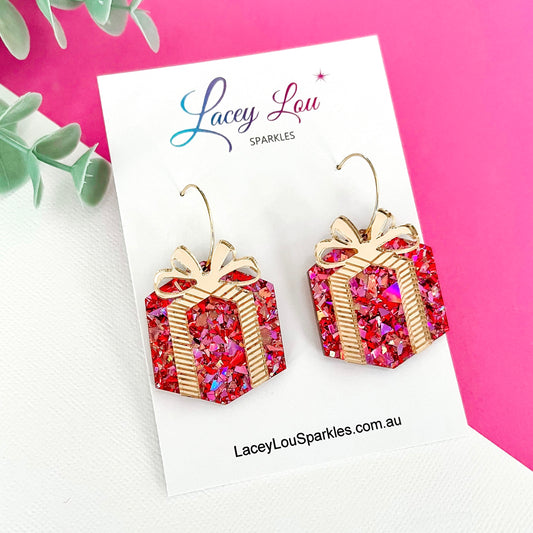 Statement Wrapped Gift Christmas Dangle Earrings - Rose/Gold