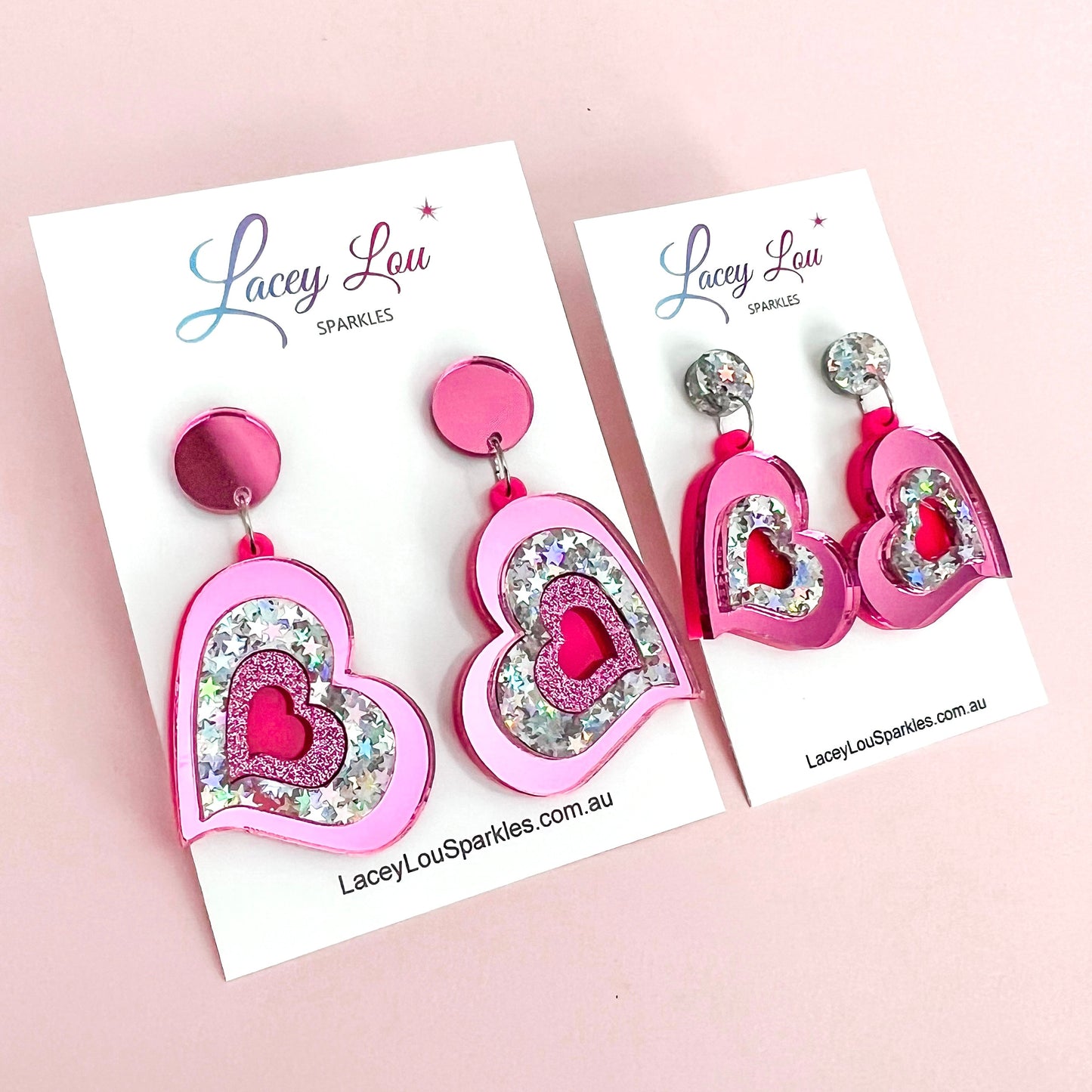 Small Pink Heart Dangles - Fuchsia Glitter Statement Acrylic Earrings