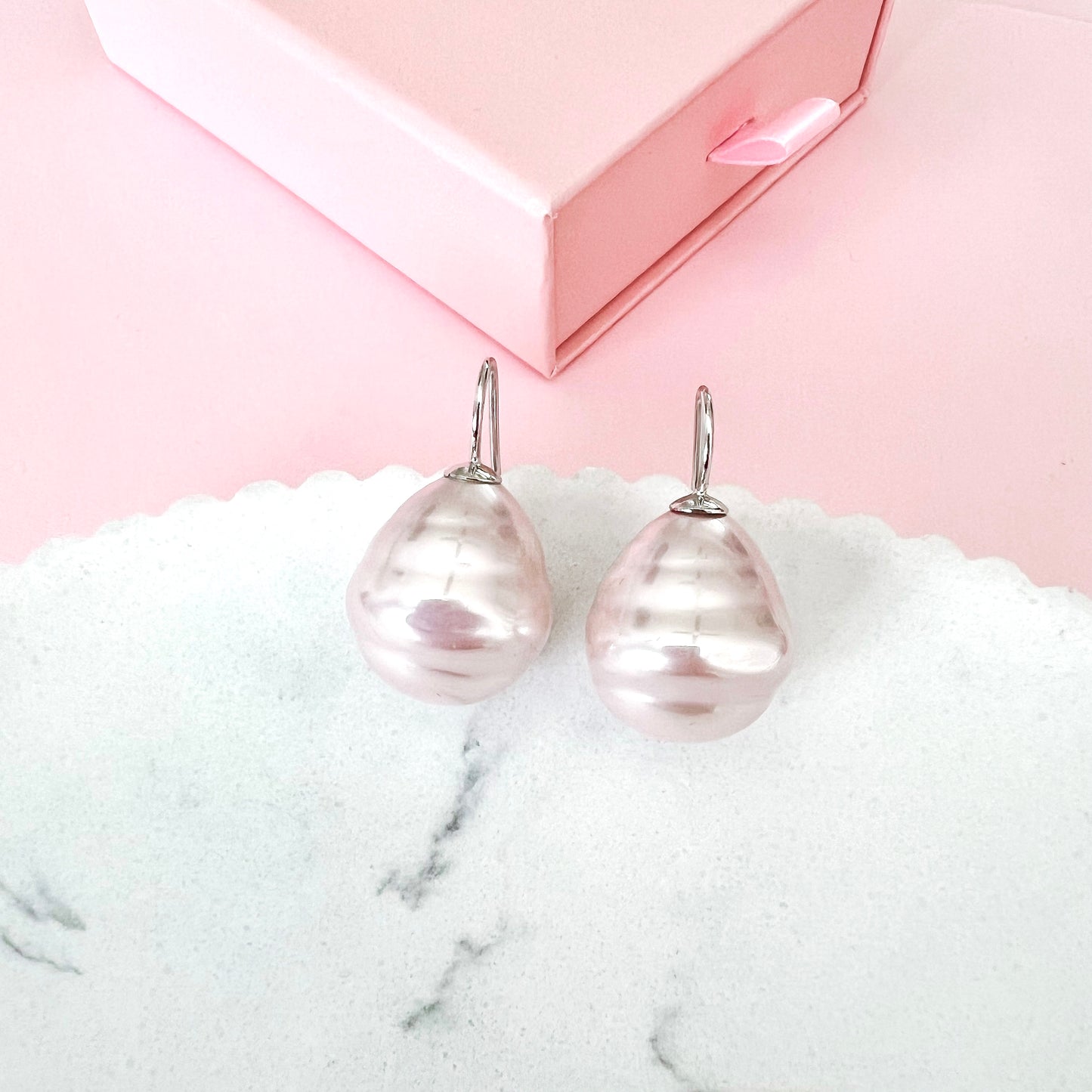 Large Spanish Pearl Earrings - Pale Pink / Silver