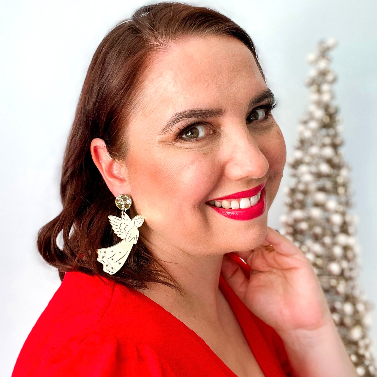 Large Christmas Angel Dangle Earrings - Gold Mirror