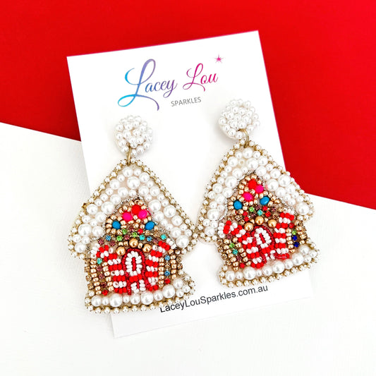 Large Gingerbread House Beaded Christmas Earrings