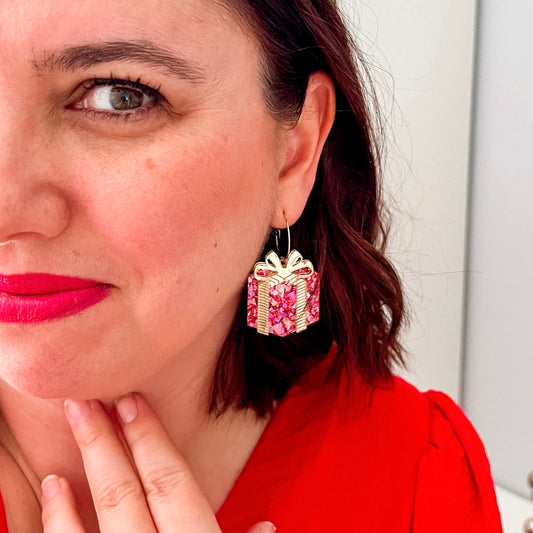 Statement Wrapped Gift Christmas Dangle Earrings - Rose/Gold