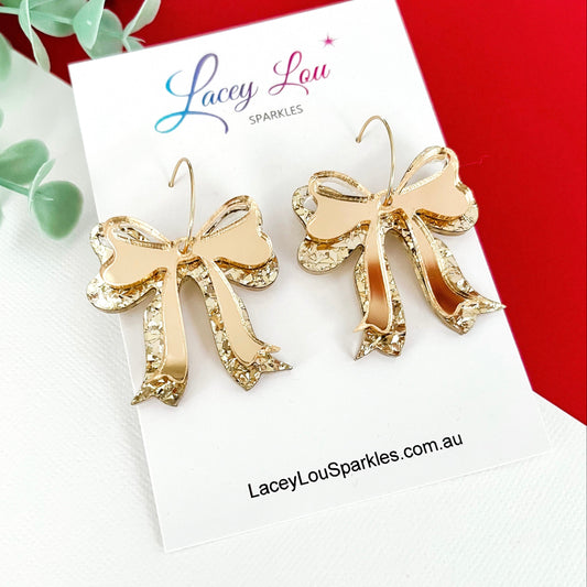 Elegant Gold/Gold Double Bow Christmas Hoop Earrings