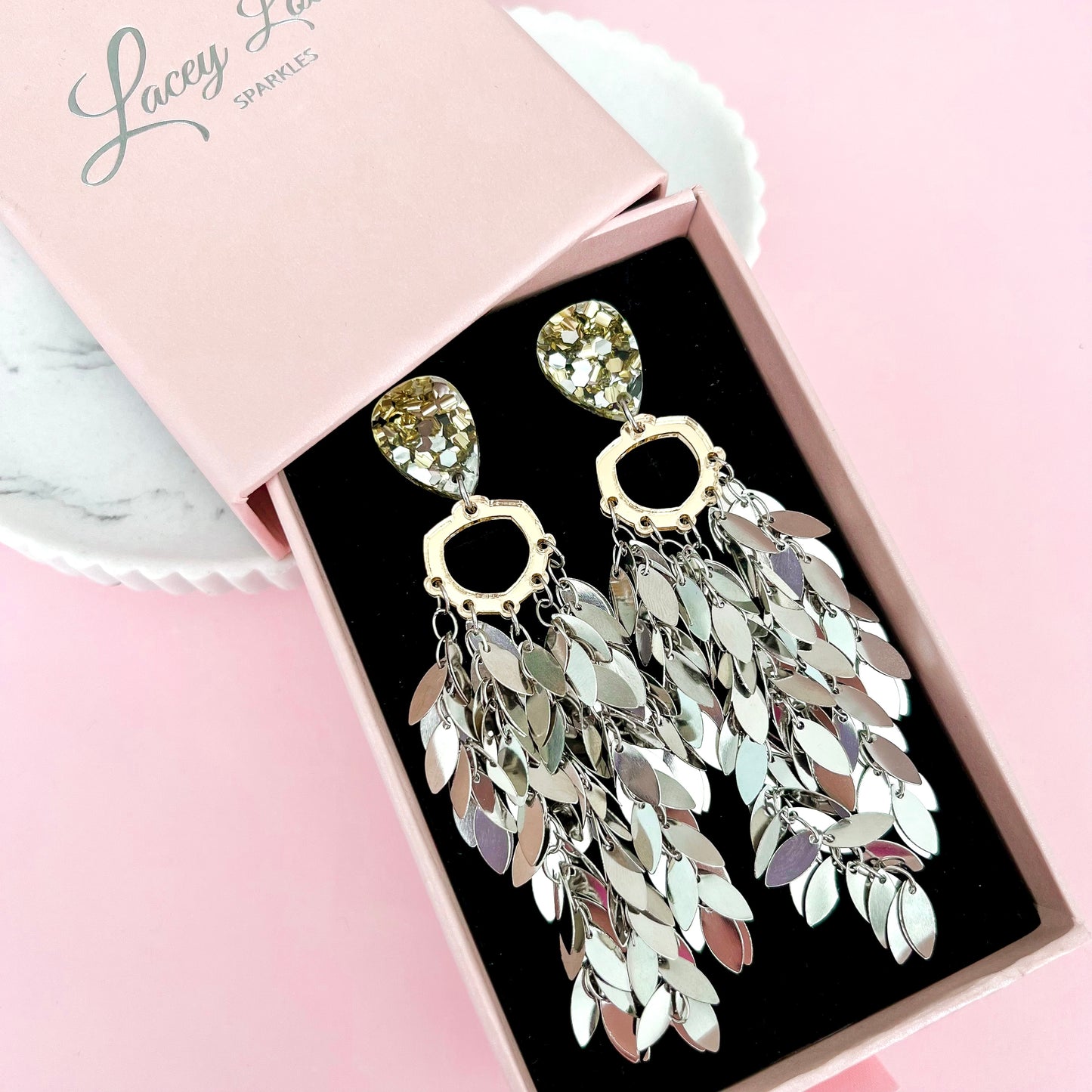 Silver Sequin Fever Statement Dangles