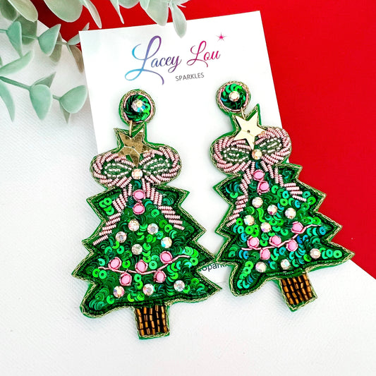 Large Beaded Sequin Christmas Tree Earrings