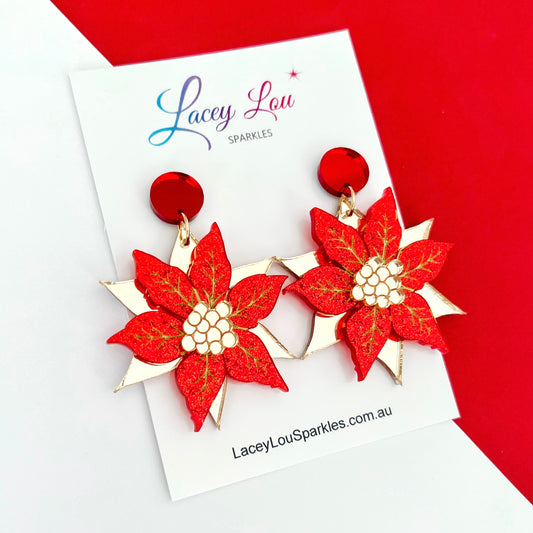 Statement Poinsettia Christmas Dangle Earrings - Red/Gold