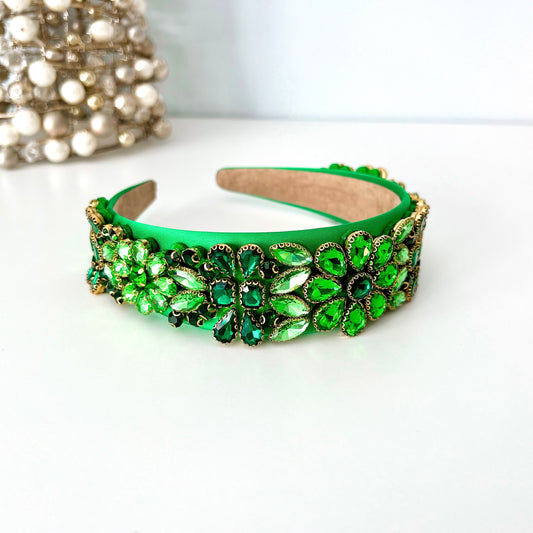 Green Flower Jeweled Statement Headband