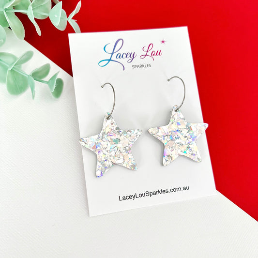 Glitter Christmas Star Hoop Earrings - Silver