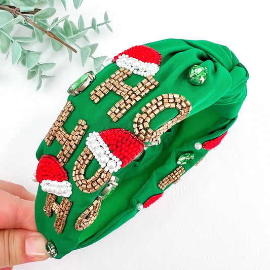 *CLEARANCE* Beaded Green Ho Ho Ho Christmas Headband