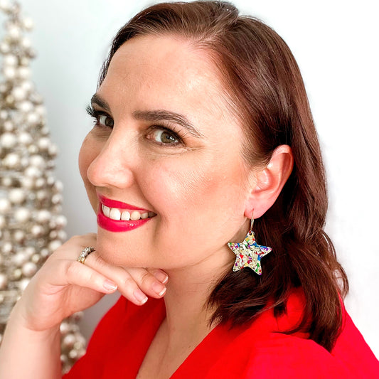 Glitter Christmas Star Hoop Earrings - Red