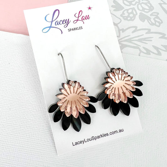 Medium Flower Frill Statement Dangle - Black and Rose Gold Acrylic Earrings