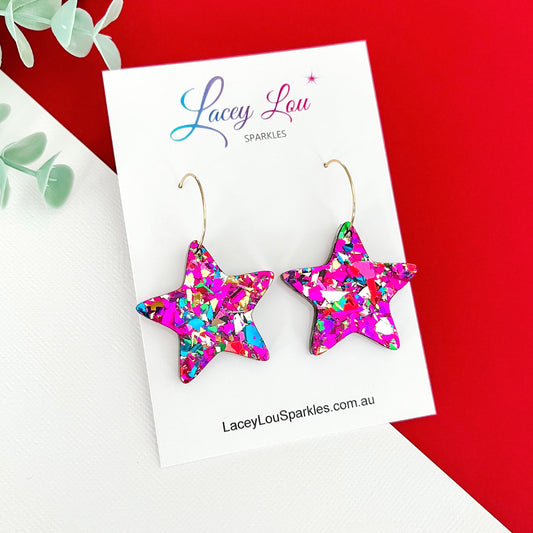 Glitter Christmas Star Hoop Earrings - Rainbow
