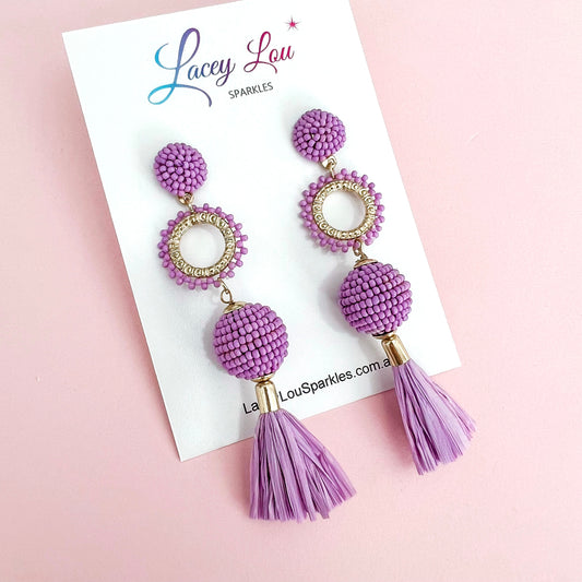 Long Beaded Tassel Earring - Mauve