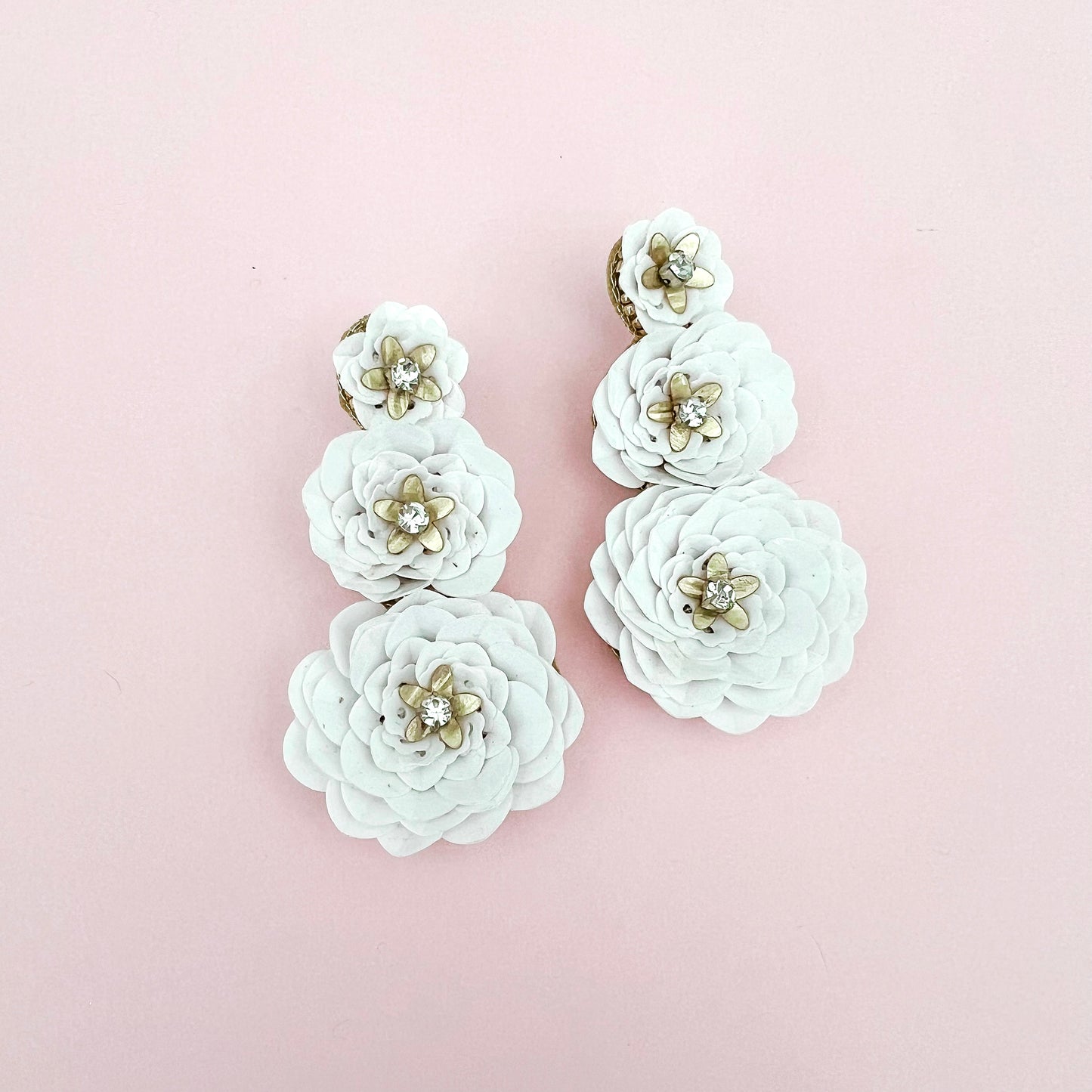 White Sequin Beaded Flower Dangle Statement Earrings