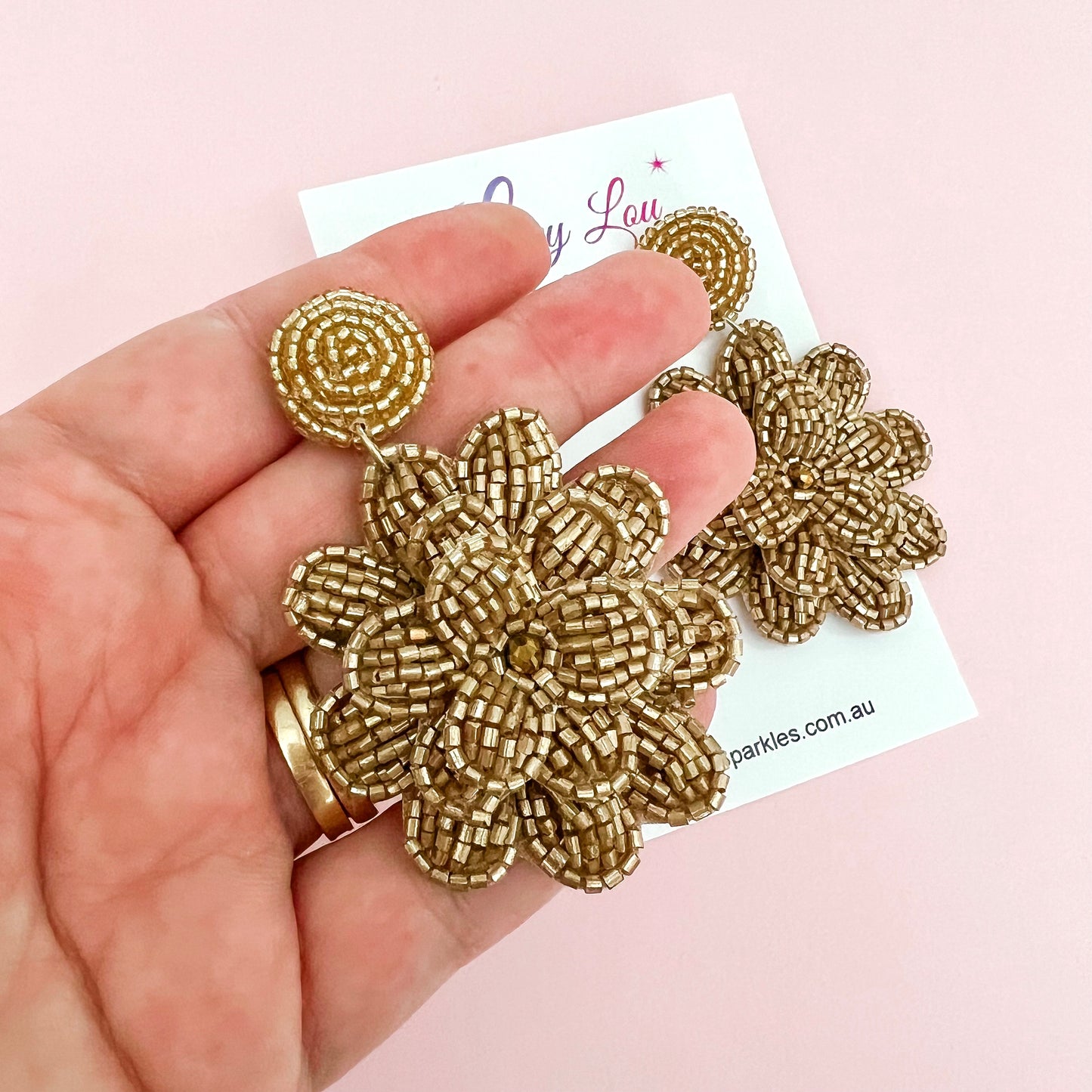 Gold Beaded Flower Statement Dangle Earrings