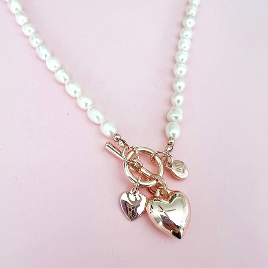 Pearl Necklace with Hearts - Ivory / Rose Gold