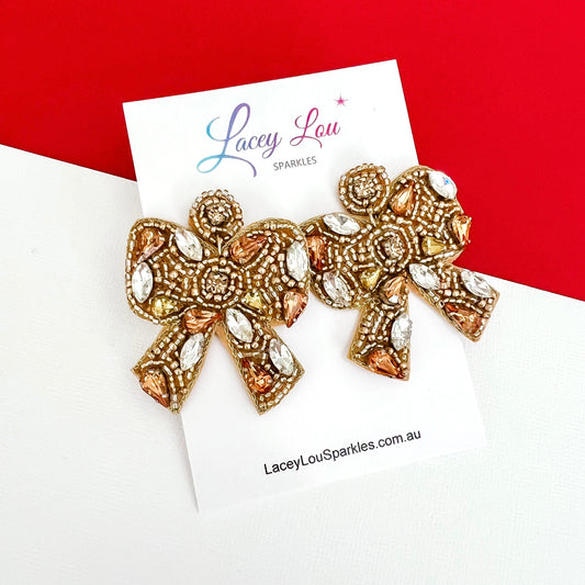Large Gold Beaded Rhinestone Bow Christmas Earrings
