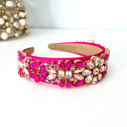 Pink Flower Jeweled Statement Headband