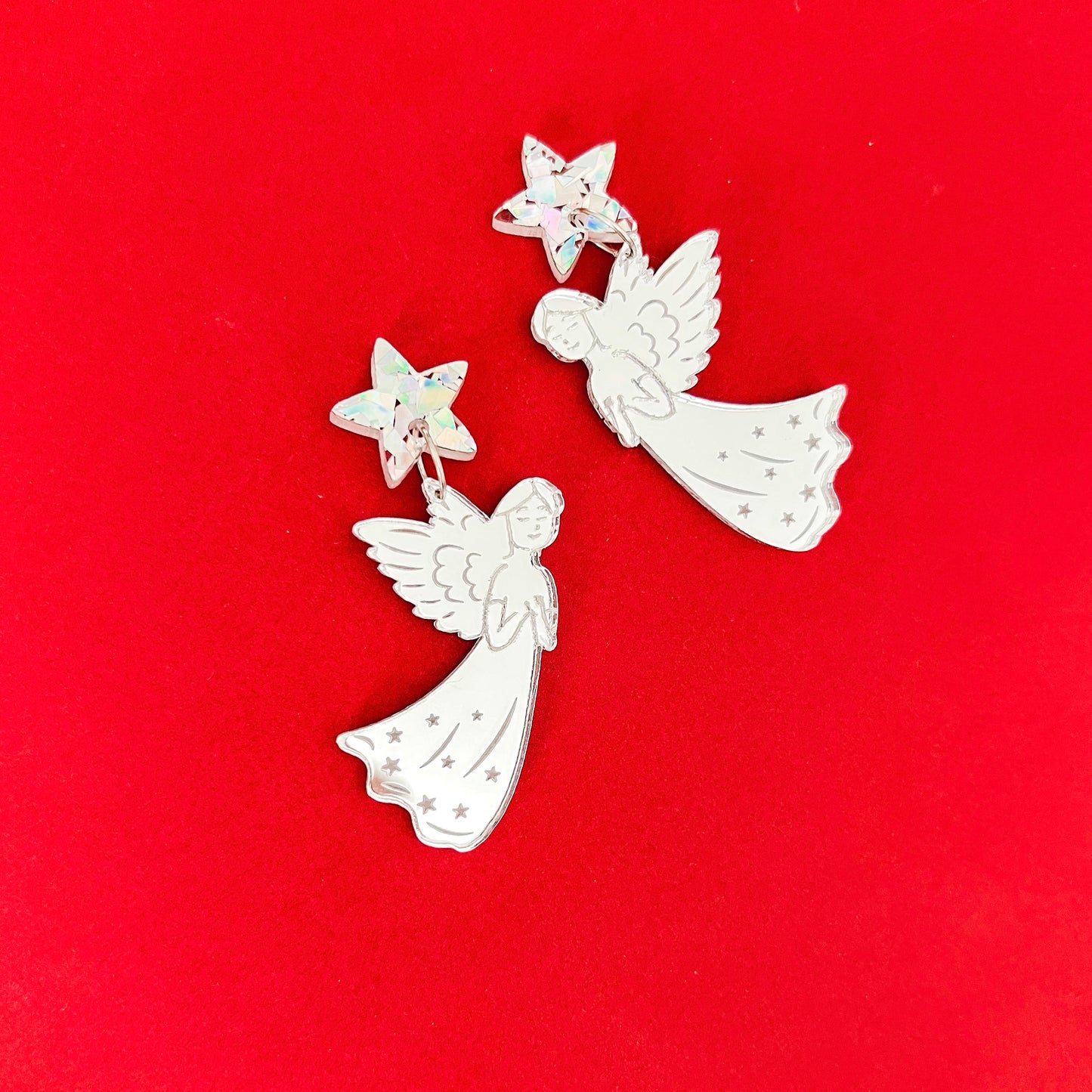 Medium Christmas Angel Dangle Earrings - Silver Mirror