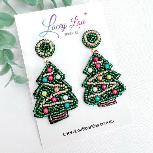 Beaded Green Christmas Tree Earrings