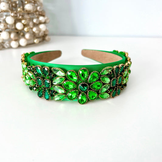 Green Flower Jeweled Statement Headband