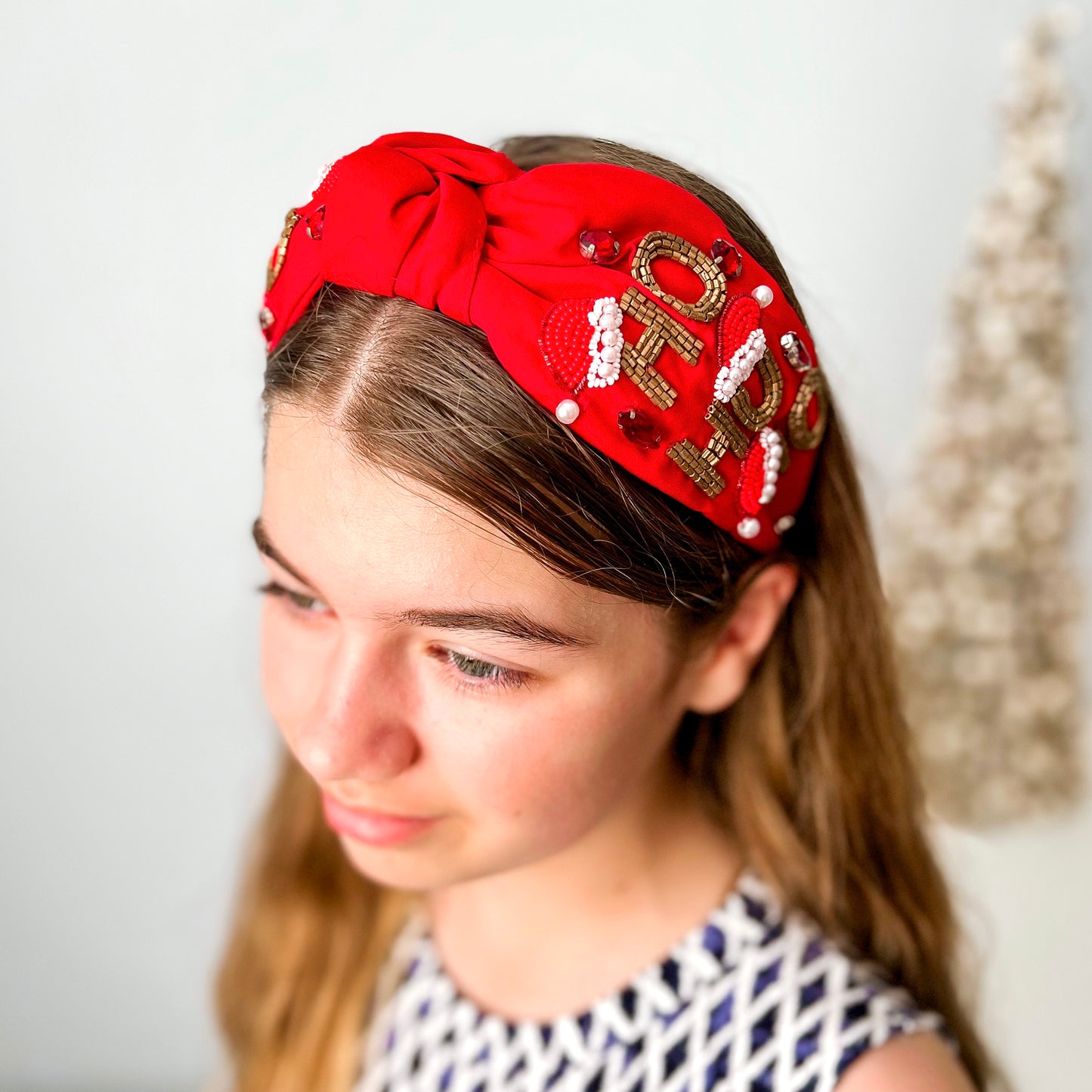 Beaded Green Ho Ho Ho Christmas Headband