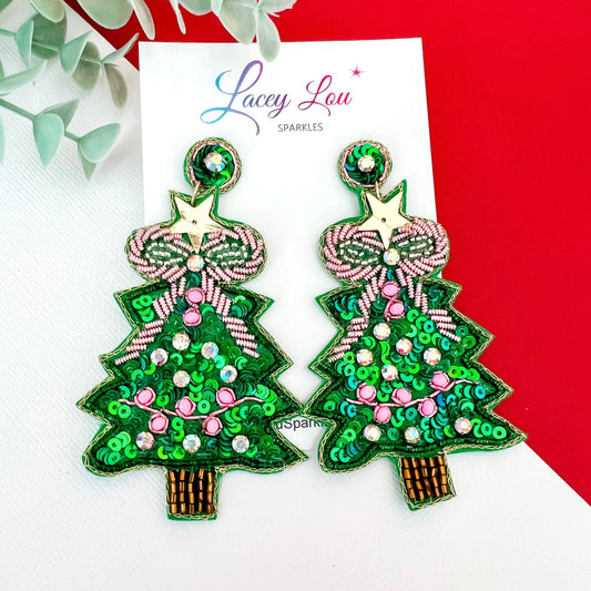 Large Beaded Sequin Christmas Tree Earrings