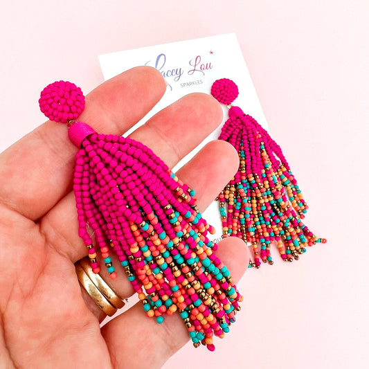 Fuchsia Beaded Tassel Statement Dangle Earrings