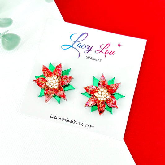 Small Poinsettia Christmas Stud Earrings - Rose/Green