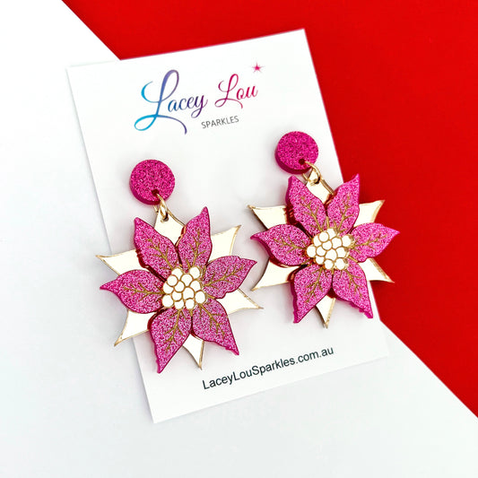 *CLEARANCE* Statement Poinsettia Christmas Dangle Earrings - Pink/Gold