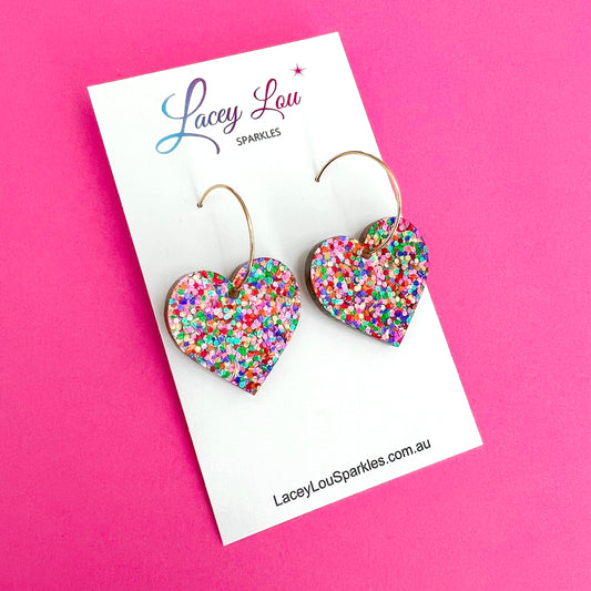Love Heart Hoop Earrings - Strawberry Confetti Acrylic Dangle