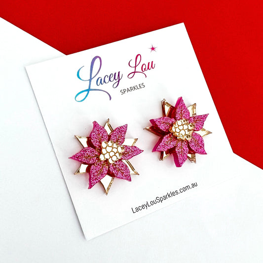 Small Poinsettia Christmas Stud Earrings - Pink/Gold