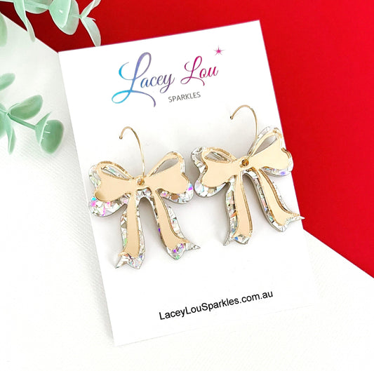 Elegant Gold/Silver Double Bow Christmas Hoop Earrings