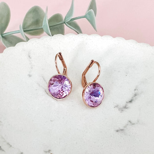 Crystal Bella Dangle Earrings - 12mm Violet (Rose Gold)