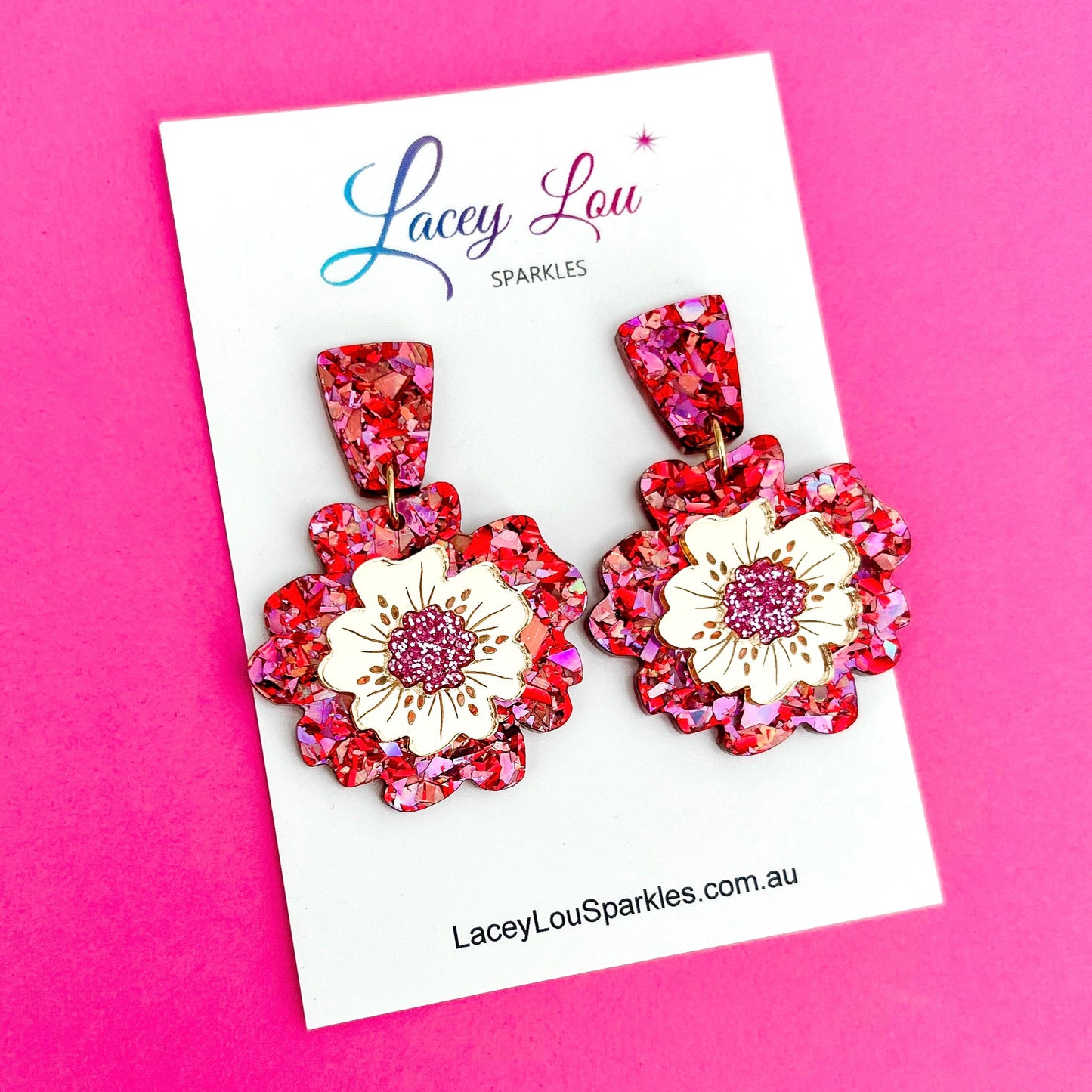 Spring Bling Statement Flower Earrings - Red