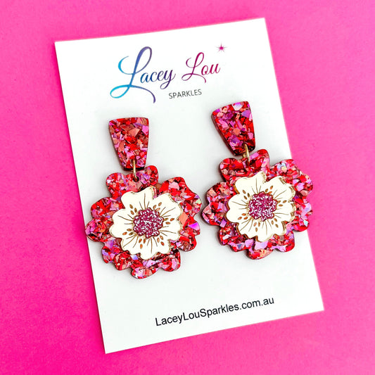 Spring Bling Statement Flower Earrings - Red