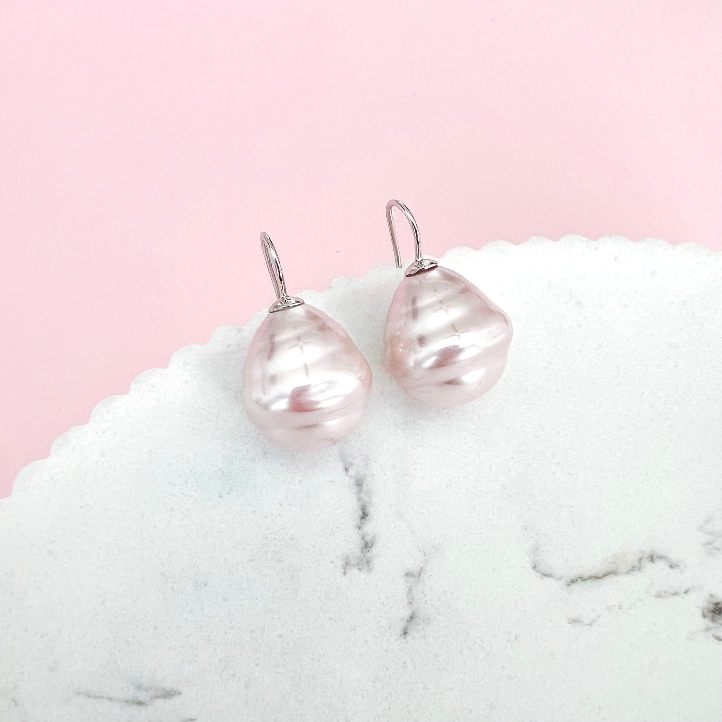 Large Spanish Pearl Earrings - Pale Pink / Silver