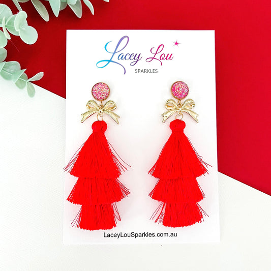 Extra Large Red Christmas Tassel Earrings