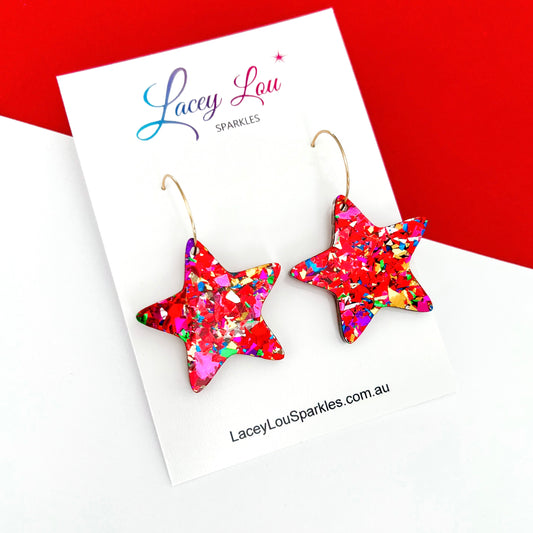 Glitter Christmas Star Hoop Earrings - Red