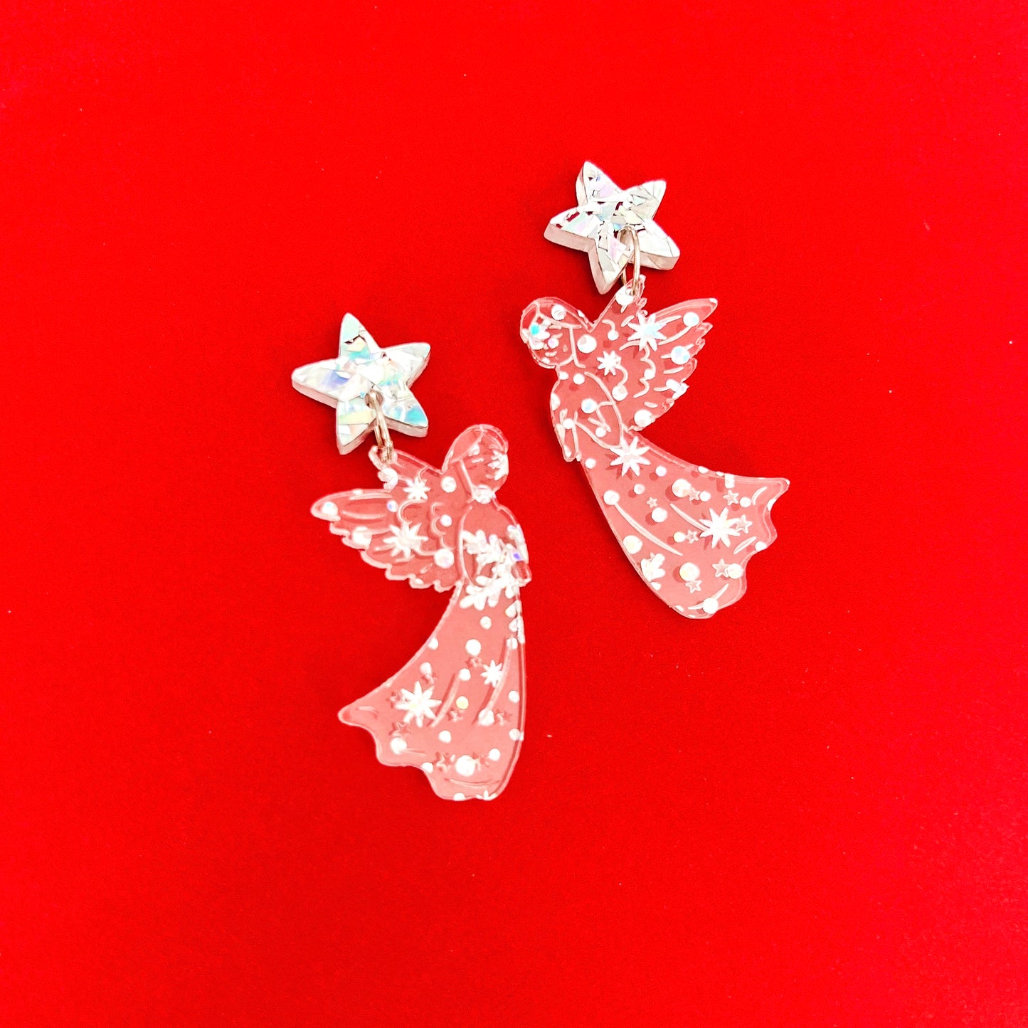 Medium Christmas Angel Dangle Earrings - Clear / Iridescent