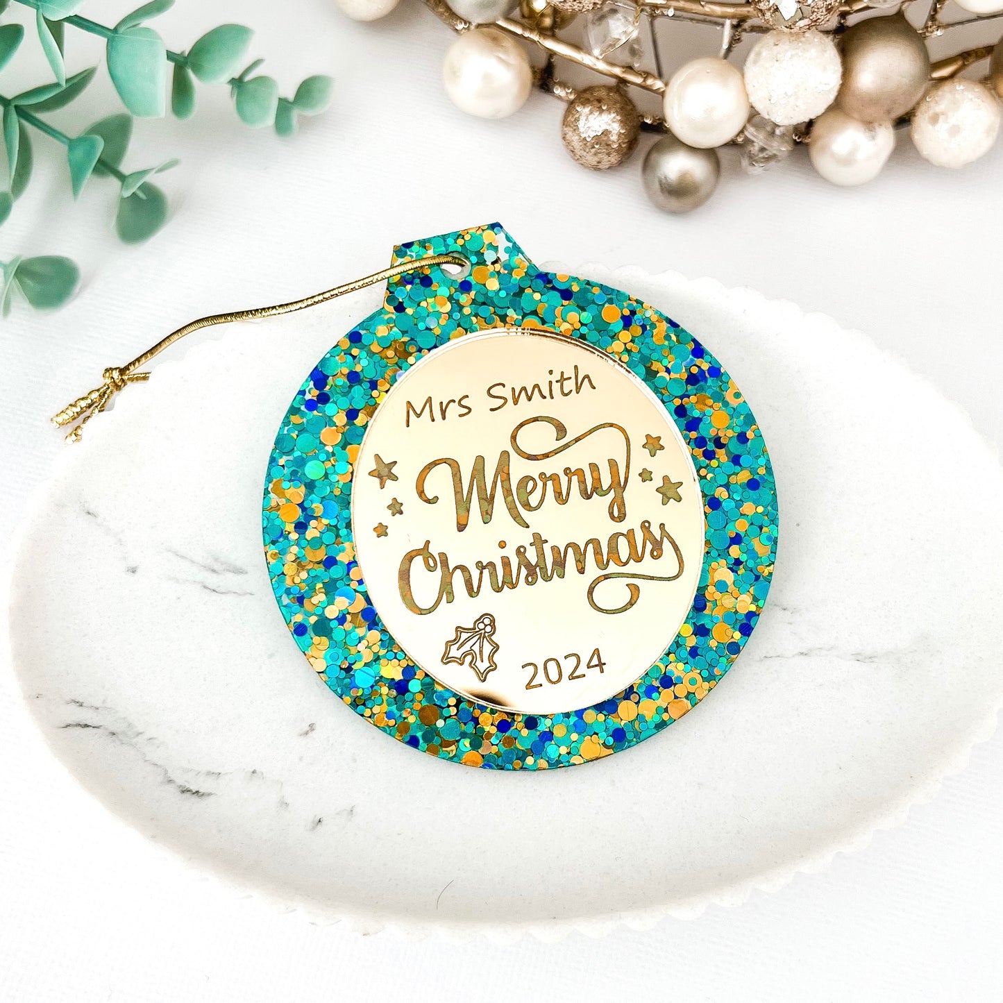 Aqua Personalised Teacher Christmas Bauble **PRE-ORDER**