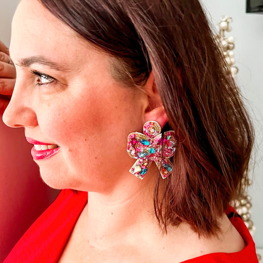 Large Gold Beaded Rhinestone Bow Christmas Earrings