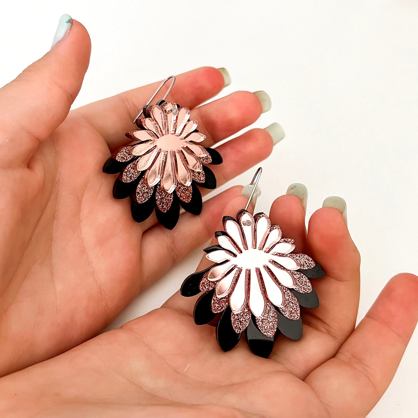 Large Flower Frill Statement Earrings - Black | Bronze | Rose Gold Acrylic Dangle